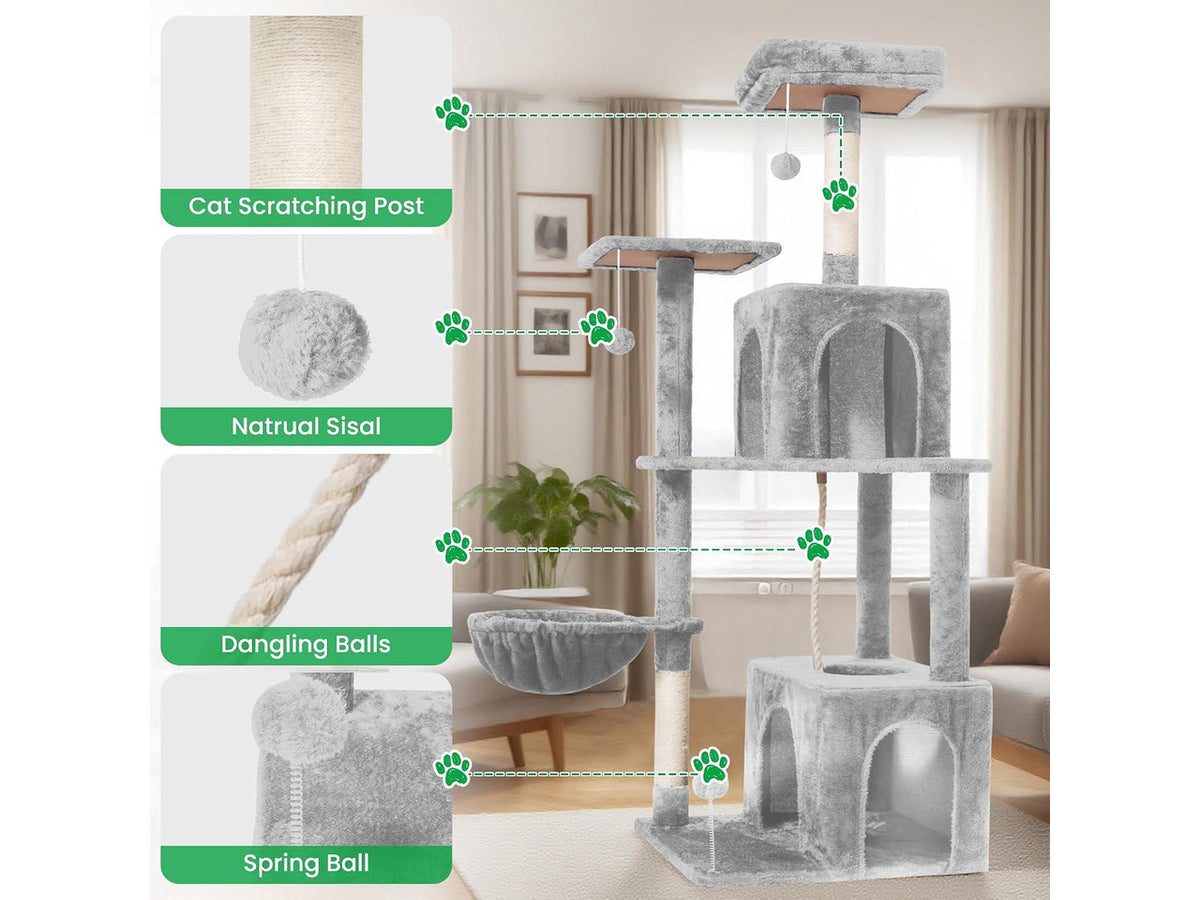 54 Inches Large Cat Tree Tower for Indoor Cat, Tall Cat Tower with Scratching Posts, Cat Condos, Cat Hammock, Pompoms, Top Perches, Sisal Rope, for Bed Room, Living Room (Light Grey)