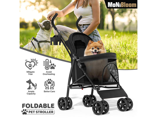 4 Wheels Pet Stroller, Easy-Fold Puppy Cage Jogger Stroller with Sun Cover, Pad and Rear Storage Bag, Breathable and Visible Mesh for Small/Medium Pets up to 22 lbs, Black