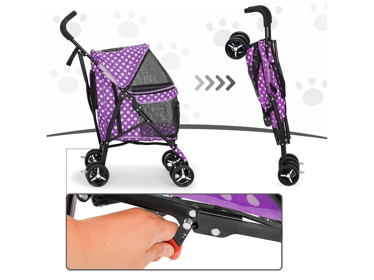 4 Wheels Pet Stroller, Easy-Fold Umbrella Shaped Dog Cat Jogger Stroller w/Storage Bag & Visible Mesh for Small/Medium Dogs Cats Purple Polka Dots