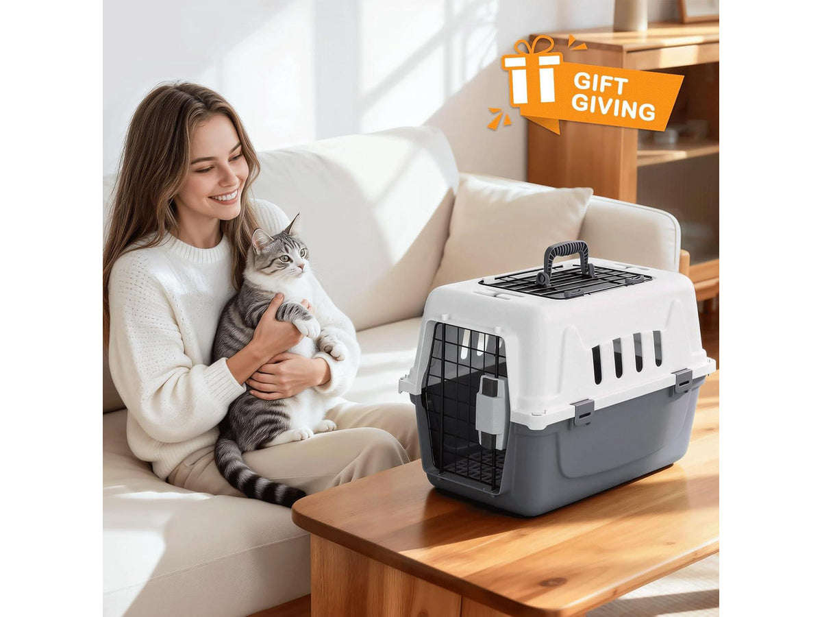 18-Inch 2-Door Top Loading Cat Carrier, Plastic Dog Crate Hard-Sided Dog Travel Carrier for Small Dogs and Cats, Ventilation and Security Lock Design for Pets up to 10 lbs (Grey)