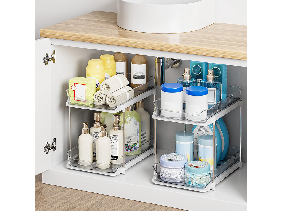 2-Tier Multi-Purpose Bathroom Under Sink Organizers and Storage, Stackable Kitchen Pantry Organization, Pull Out Medicine Cabinet Organizer with Movable Dividers, White, 4Pack