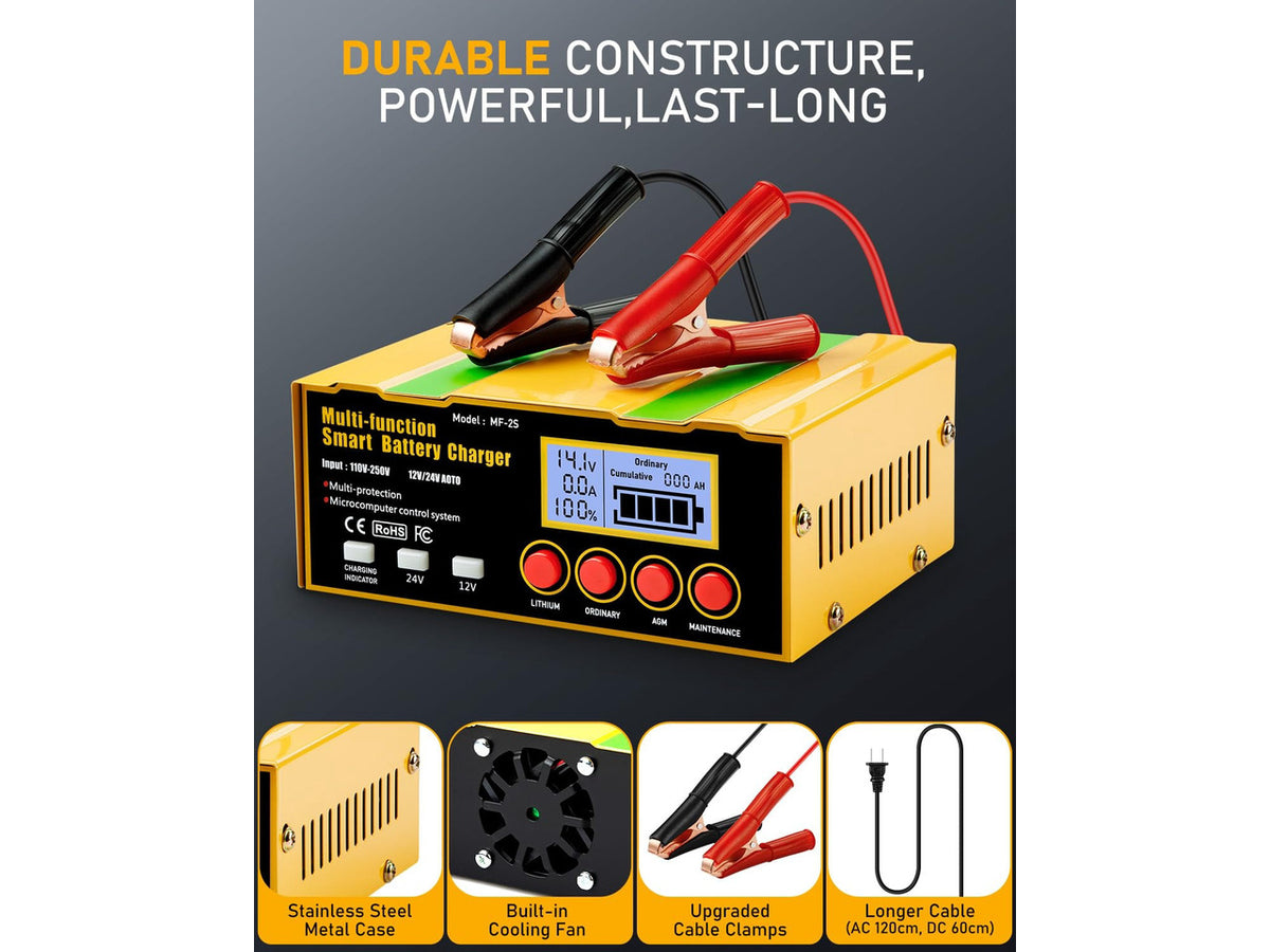 12-Amp Smart Battery Charger,Lithium,Lead-Acid(AGM/Gel/SLA) Pulse Repair Car Battery Charger,Trickle Charger,Maintainer/Deep Cycle Charger,12V/10A | 24V/7.5A for Automotive,Boat,Motorcycle,Lawn Mower