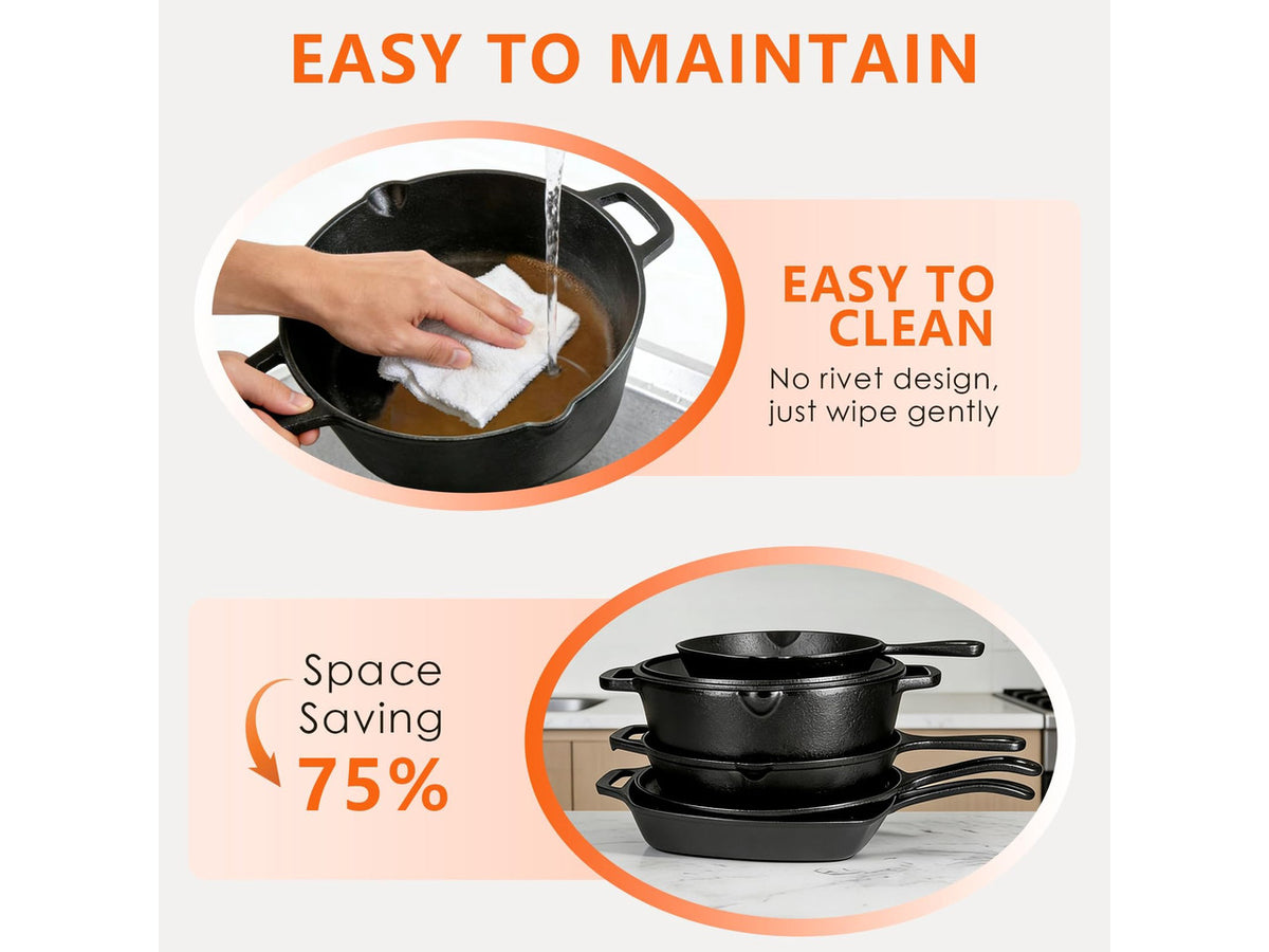 Cast Iron Set 6 Piece, PFAS-Free, Pre-Seasoned Pots and Pans Set | Incl. 8''/10.25'' Cast Iron Skillets, 5QT Dutch Oven w/ Lid, Round Griddle & Square Grill Pan for Kitchen, Stovetop & Camping