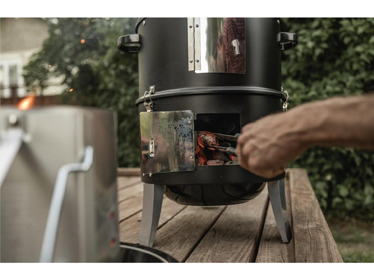 16 Inch Heavy Duty Vertical Charcoal Smoker, Multipurpose Outdoor BBQ Grill with Built-in Thermometer, Adjustable Vent and Dual Access Doors, Portable Cooking Smoker for Patio Backyard Camping