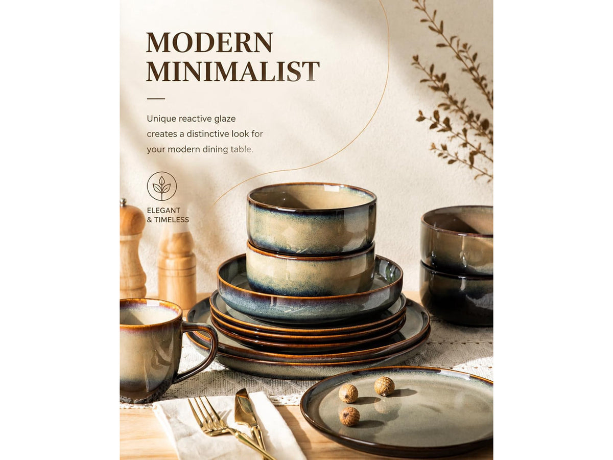 12Piece Ceramic Dinnerware Set for 4, Handmade Reactive Glaze Plates and Bowls, Mocha Brown, Scratch Resistant, Microwave Oven Dishwasher Safe Tableware