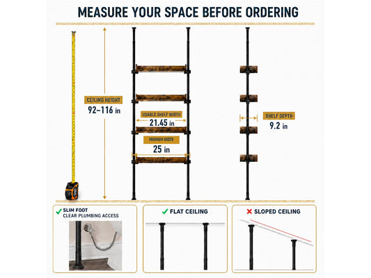 Tension Over The Toilet Storage Cabinet, No-Drill, Fits 92-116 in. | 4 Height-Adjustable Shelves for Bathroom Organizers, Fits Narrow Toilet Spaces, Slim Design Leaves Room for Plumbing, Brown