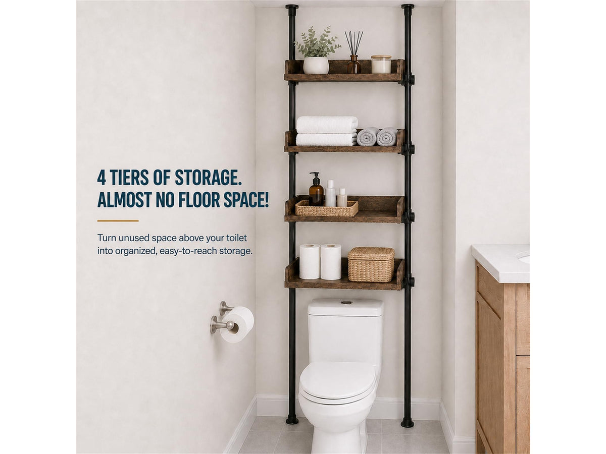 Tension Over The Toilet Storage Cabinet, No-Drill, Fits 92-116 in. | 4 Height-Adjustable Shelves for Bathroom Organizers, Fits Narrow Toilet Spaces, Slim Design Leaves Room for Plumbing, Brown