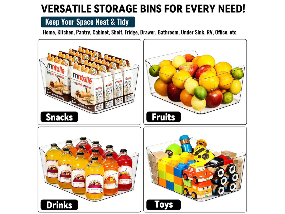 12 PACK Multi-Use Clear Plastic Storage Bins for Organizing w/ Labels - Home, Kitchen, Pantry, Bathroom, Office, Cabinet Shelf Organizer Bins - SOHO Collection, RV, Fridge Organization Containers -XXL
