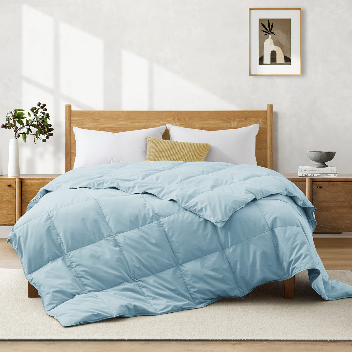 Peace Nest Lightweight Summer White Goose Down Feather Fiber Comforter Duvet Insert, Blue, Full/Queen