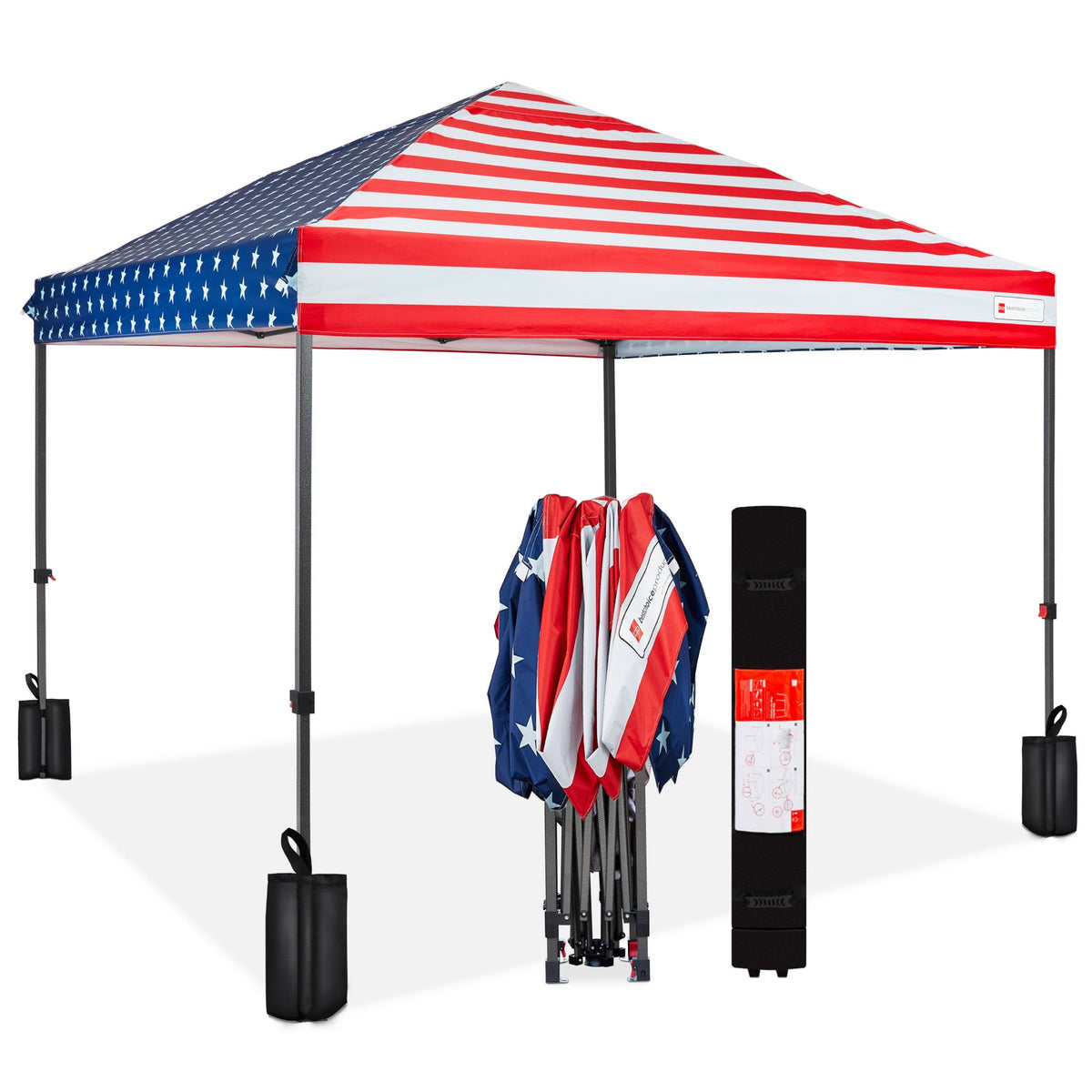 Best Choice Products 10x10ft Easy Setup Pop Up Canopy w/ 1-Button Setup, Wheeled Case, 4 Weight Bags - American Flag