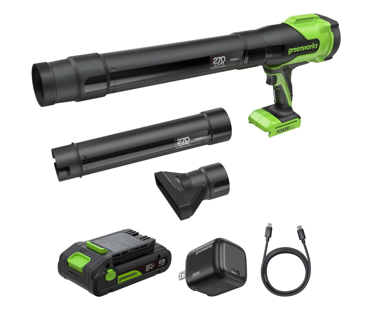 Greenworks 24V (270 CFM/130 MPH)Brushless Compact Leaf Blower,Powerful for Yard,Patio,Deck and Driveway Cleanup,w/ 3Ah USB-C Battery & GaN Charger
