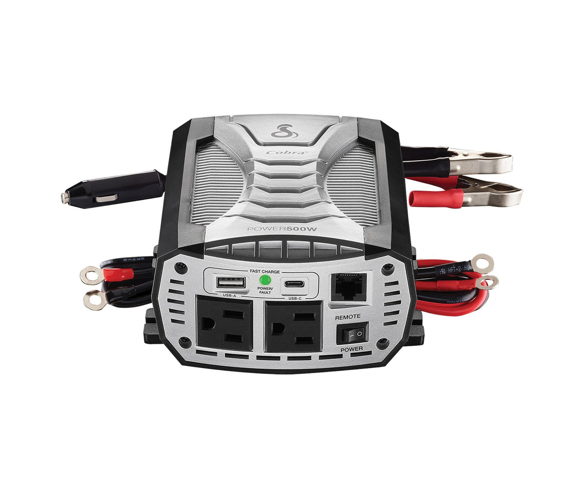 Cobra® 2-AC Outlet and 2-USB Port 500-Continuous-Watt Vehicle Power Inverter with 12-Volt Adapter Cord and Battery Power Cables, CPI500W