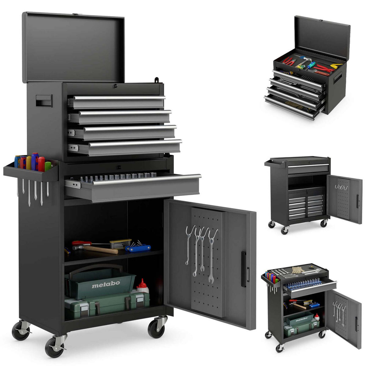 Costway 2 in 1 Tool Chest & Cabinet with Sliding Drawers Rolling Garage Organizer Gray