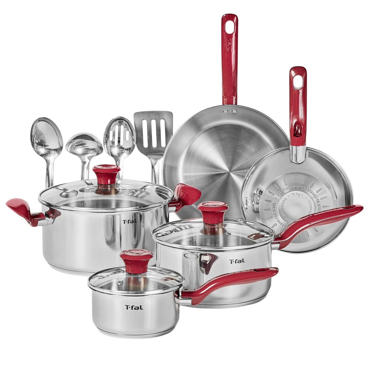 T-Fal Simply Cook 12pc Stainless Steel Cookware Set Red Handle