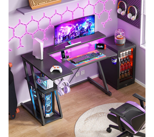 Qwatto 40'' Black Gaming Desk Small Space L Shaped Computer Table with Monitor Stand 3 Tier Storage Shelves Carbon Fiber Gamer