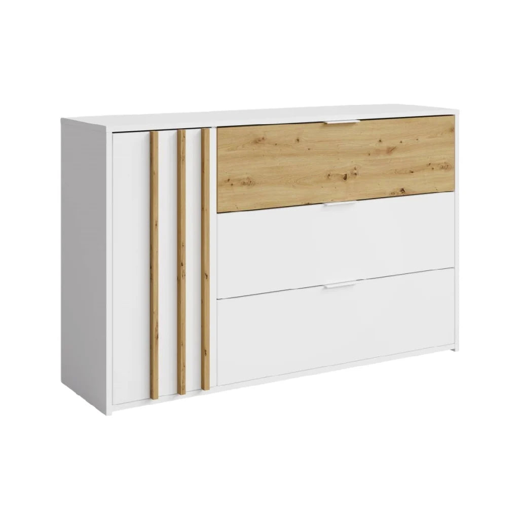 2026 Modern white and oak buffet 3 drawers + 1 door – 150×95×40 cm, Scandinavian design, living/room storage