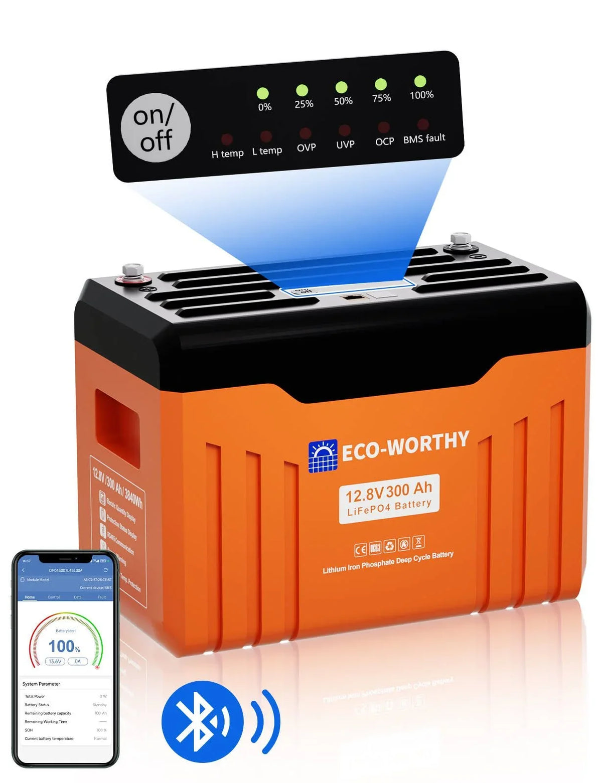 2026 ECO-WORTHY Lithium Battery 12V 300Ah LiFePO4 Bluetooth(Black/Orange)