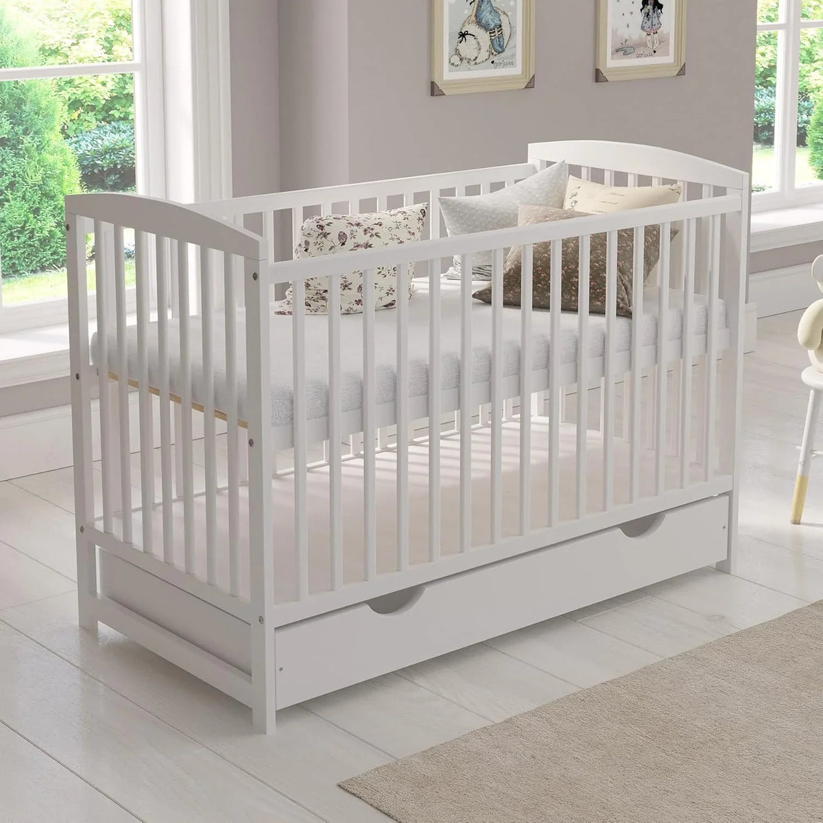 2026 Love For Sleep scalable baby bed in white wood 120 × 60 cm with foam mattress, drawer, safety barrier and silicone prote