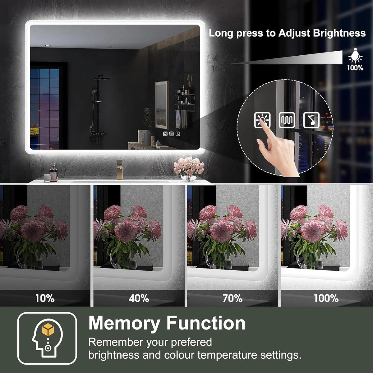 2026 Bathroom mirror S'bagno with lighting 1200 x 700 mm, IP44, LED, Bluetooth, anti-fog, 3 light colours (3,000 K, 4,000 K