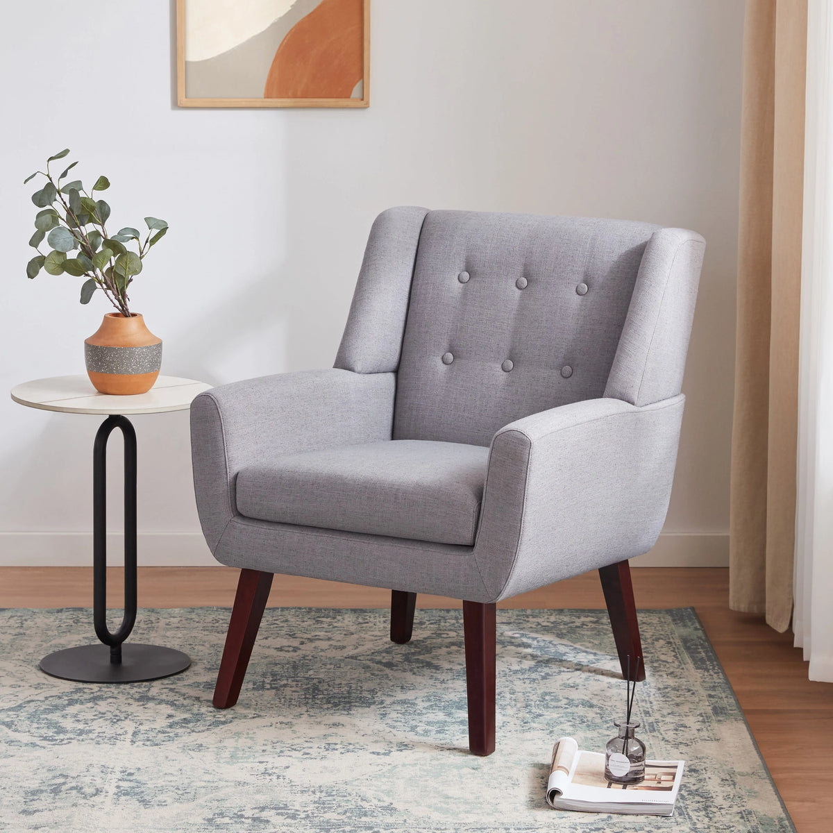 HUIMO Accent Chair, Button-Tufted Upholstered Living Room Chairs, Mid Century Modern Comfy Reading Chairs for Bedroom, Living Room, Beige