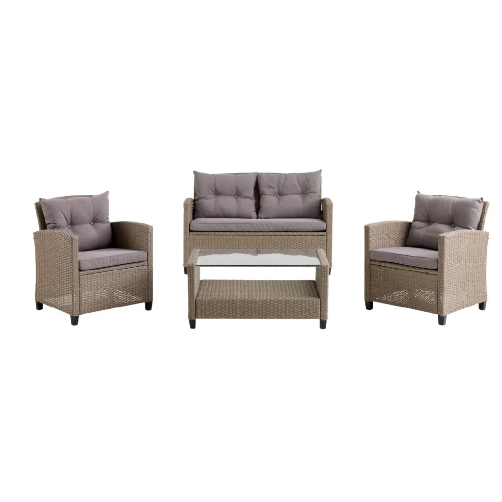 2026 Garden furniture 4 pieces in beige braided resin, sofa + 2 armchairs + glass coffee table