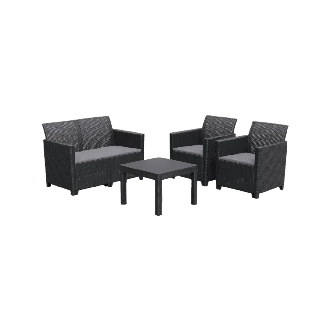 2026 Garden furniture 4 seats in black braided resin – coffee table + grey cushions