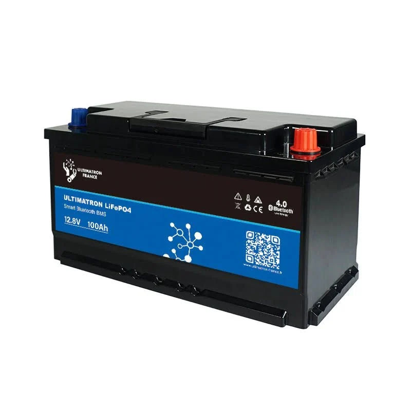 2026 Ultimatron 12.8V 100Ah LiFePO4 Smart Under-Seat Lithium Battery (Black/Blue/Red)