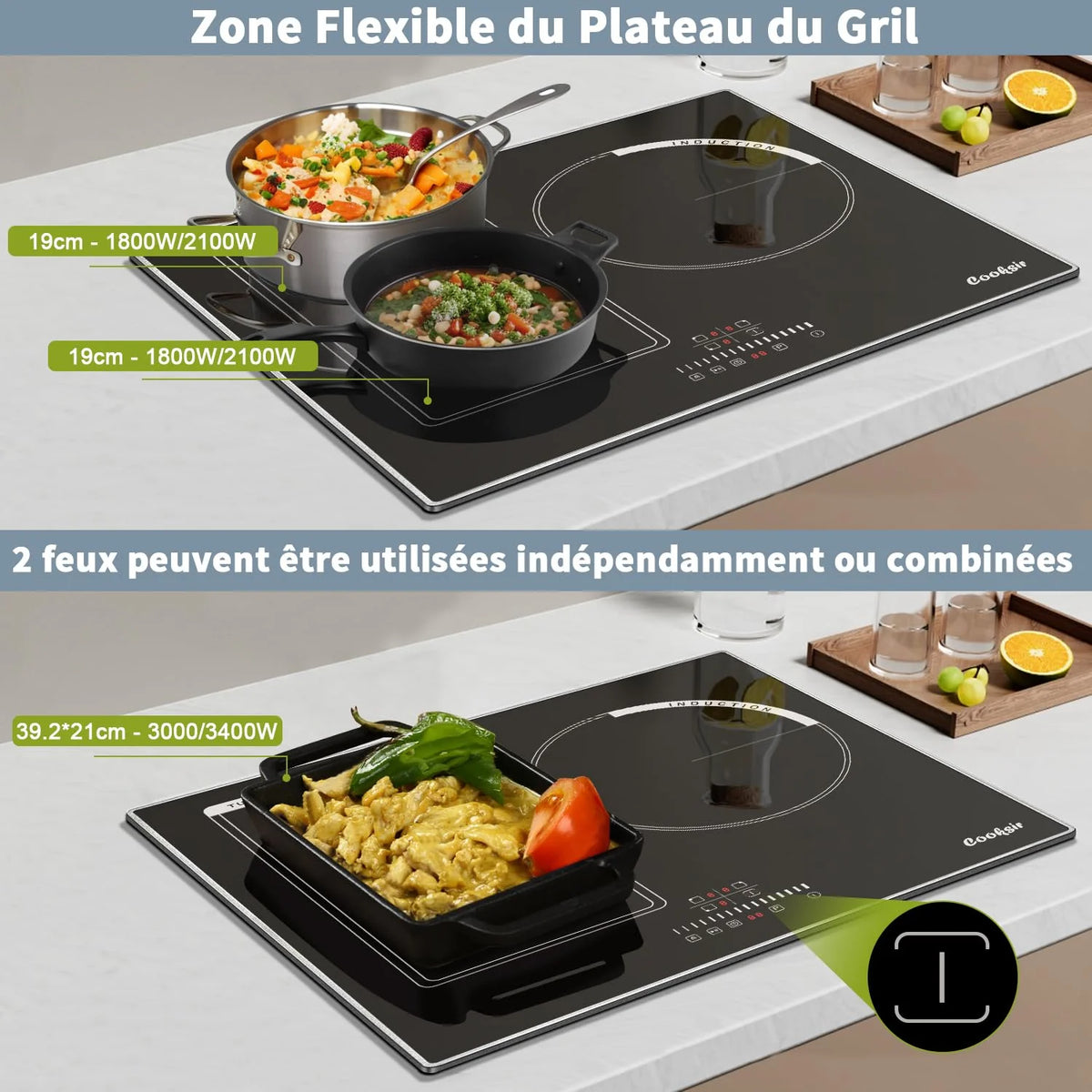 2026 Cooksir Induction Plate 3 Lights with Frame, Cooking Table Induction 60cm Built-in, 6800W, Cursor Tactile Control, Stain