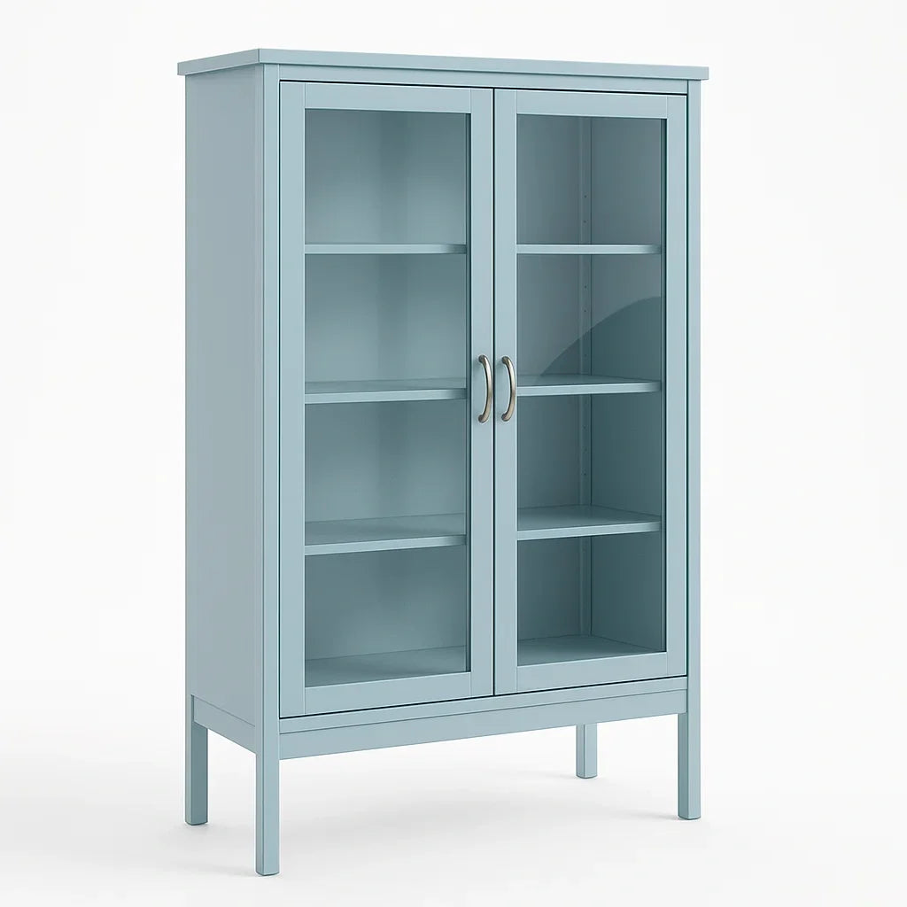 2026 MDF Display Cabinet with Blue Tempered-Glass Doors, 150 x 80 x 30 cm