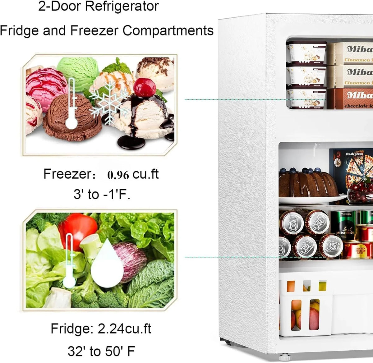 Antarctic Star Compact Mini Refrigerator Separate Freezer, Small Fridge Double 2-Door Adjustable Removable Retro Stainless Steel Shelves Living room/Kitchen/Dorm/Office 3.2 cu ft.Green