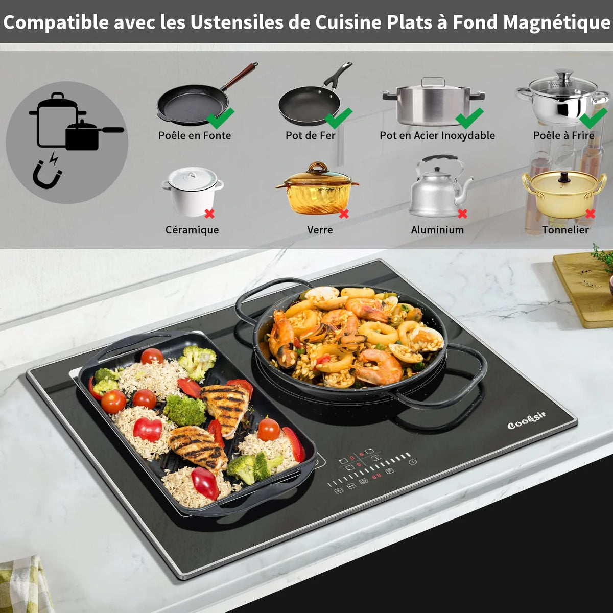 2026 Cooksir Induction Plate 3 Lights with Frame, Cooking Table Induction 60cm Built-in, 6800W, Cursor Tactile Control, Stain