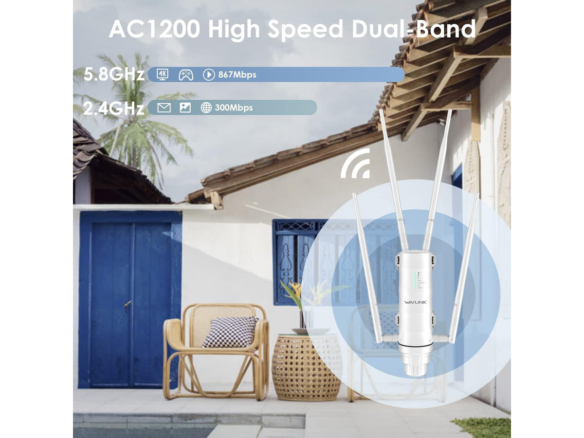 WAVLINK AC1200 WiFi Range Extender High Power Outdoor Weatherproof Long Range Wireless AP/Wifi Repeater/Router/Signal Booster Dual Band with Passive POE, Gigabit Port, 4x7dBi Detachable Omni Antennas