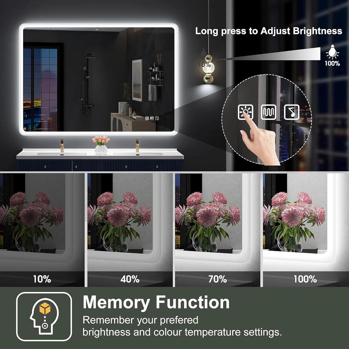 2026 Bathroom mirror S'bagno with lighting 1200 x 700 mm, IP44, LED, Bluetooth, anti-fog, 3 light colours (3,000 K, 4,000 K