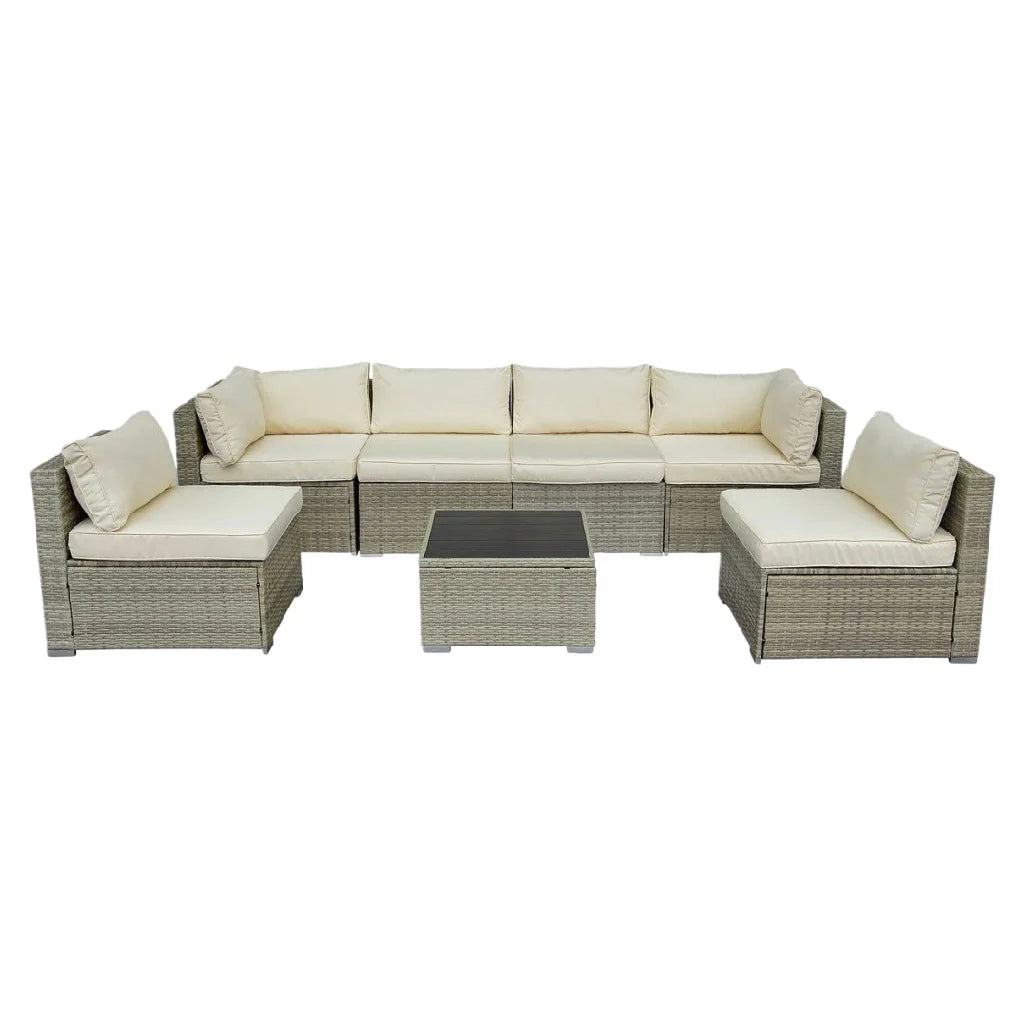 2026 Modular garden furniture in light grey braided resin – 6 seats – beige cushions