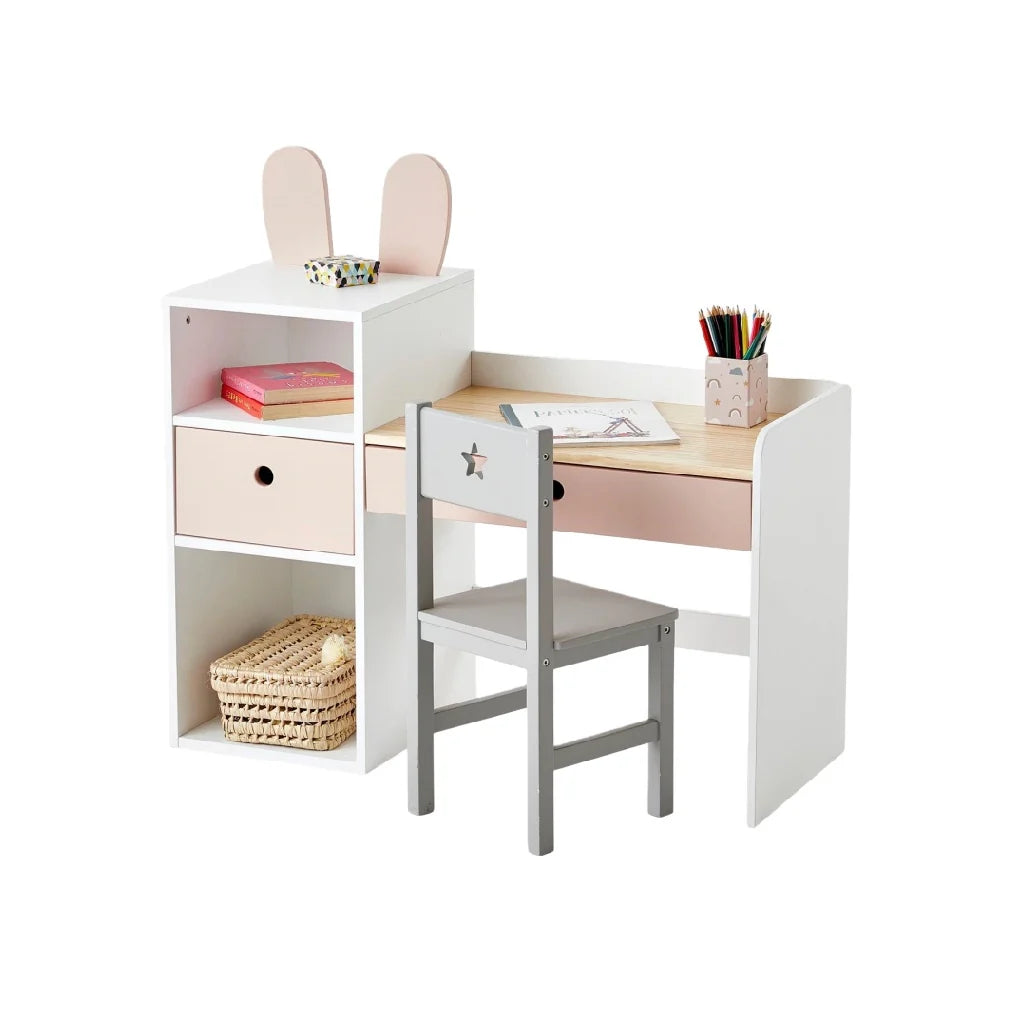 2026 Desk and child chair set with shelf and drawers – pink design and light wood