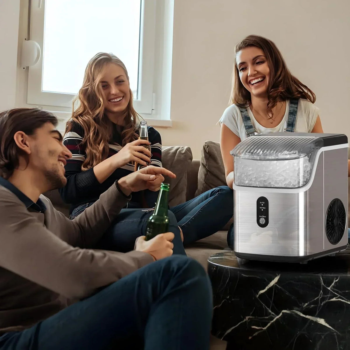 Nugget Ice Makers Countertop, Pebble Ice Machine with Chewable Pellet Ice, 34Lbs/24H, Self-Cleaning, Sonic Ice, One-Click Operation, for Kitchen,Office Stainless Steel Black
