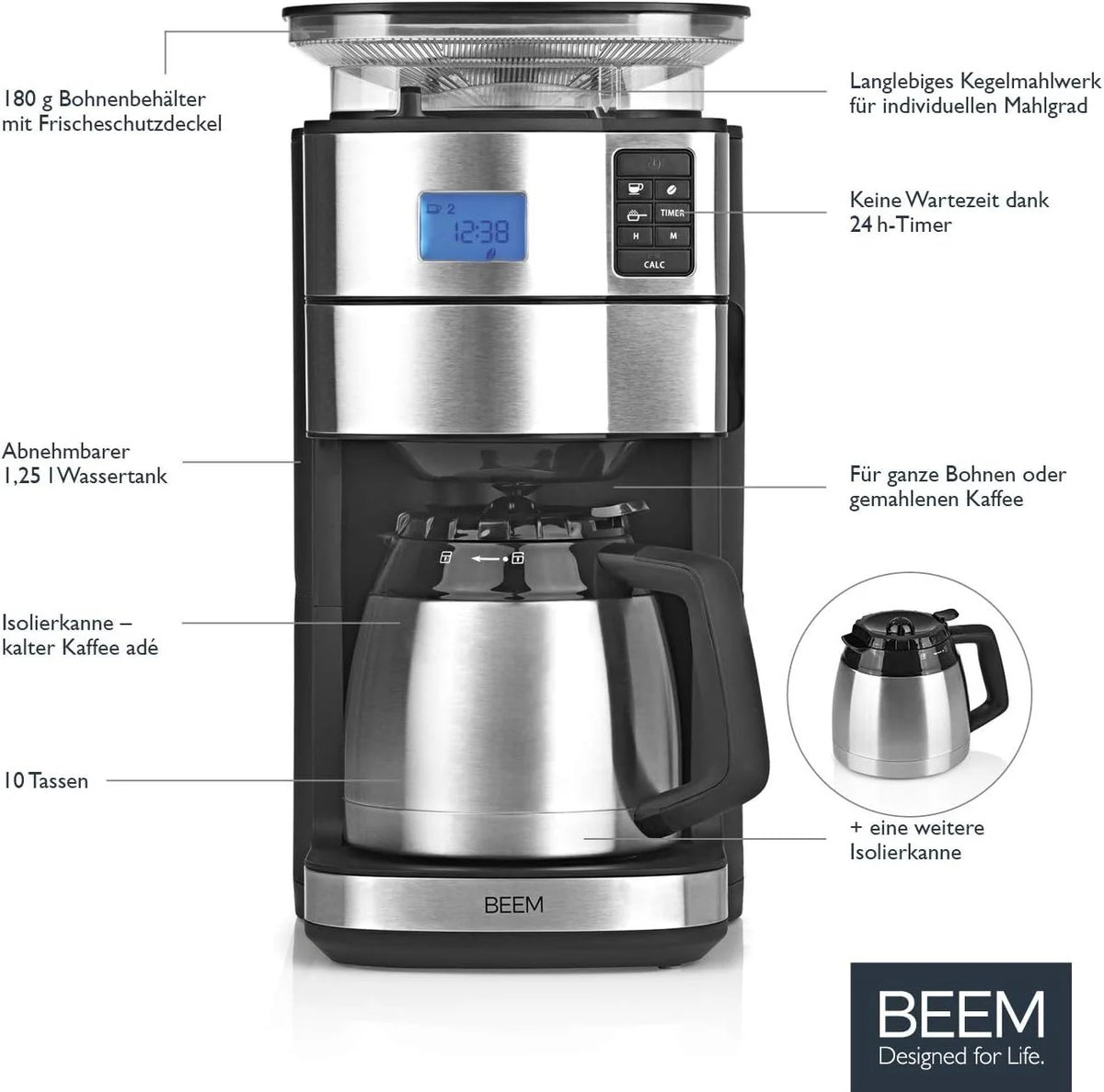 2026 BEEM FRESH-AROMA-PERFECT II filter coffee machine with grinder - Thermo | Stainless steel | Thermopot | 24h timer | 1000