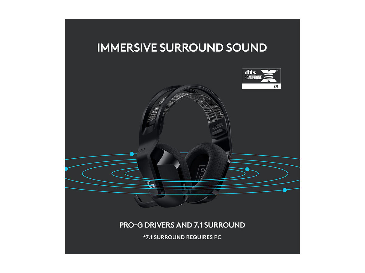 Logitech G733 Lightspeed Wireless Gaming Headset with Suspension Headband, Lightsync RGB, Blue VO!CE mic technology and PRO-G audio drivers - Black