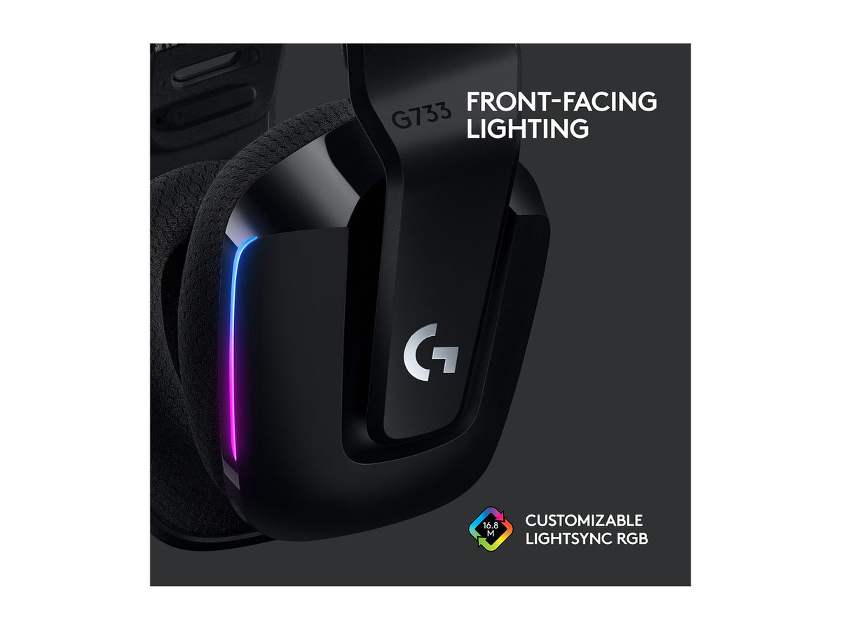 Logitech G733 Lightspeed Wireless Gaming Headset with Suspension Headband, Lightsync RGB, Blue VO!CE mic technology and PRO-G audio drivers - Black