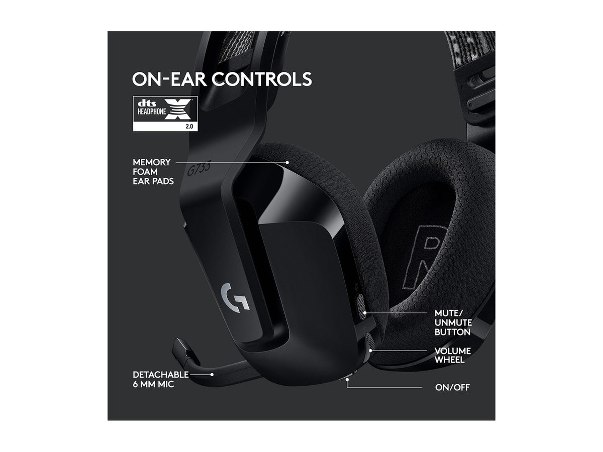 Logitech G733 Lightspeed Wireless Gaming Headset with Suspension Headband, Lightsync RGB, Blue VO!CE mic technology and PRO-G audio drivers - Black