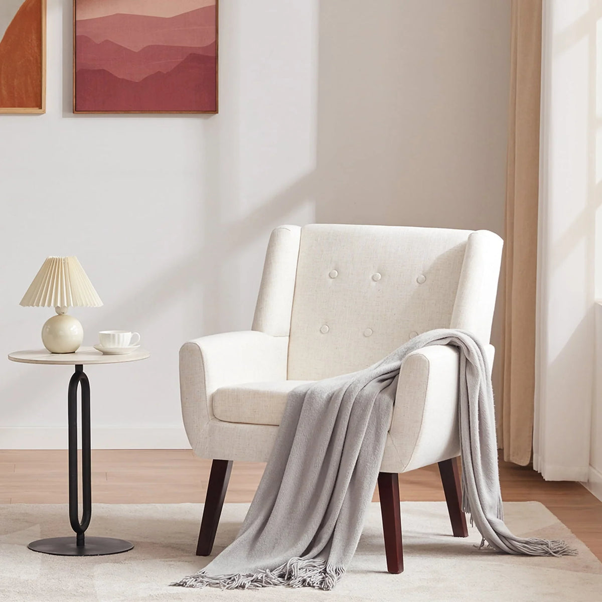 HUIMO Accent Chair, Button-Tufted Upholstered Living Room Chairs, Mid Century Modern Comfy Reading Chairs for Bedroom, Living Room, Beige