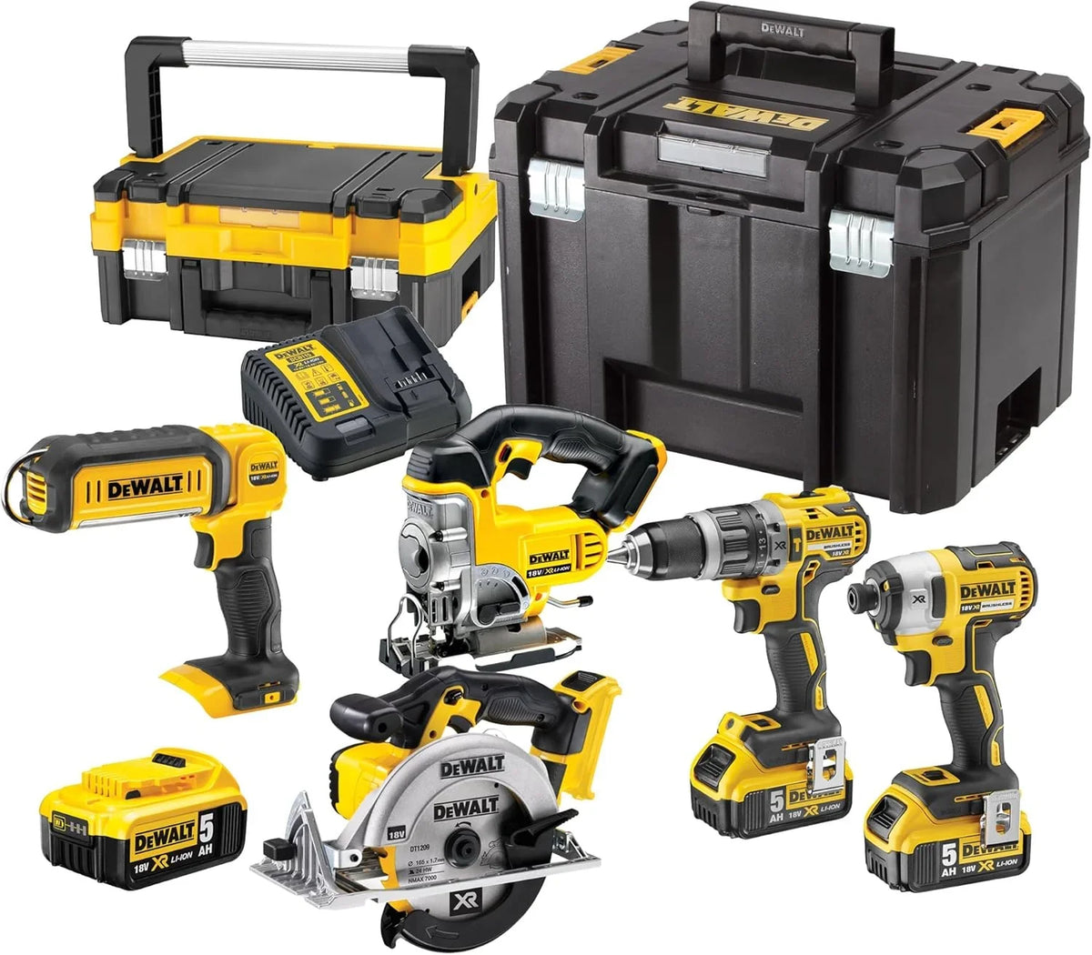 2026 DEWALT - Pack 5 tools XR 18V, 1 drill-driver, 1 3-speed impact screwdriver, 1 jumper saw, 1 circular saw, 1 LED lamp, 3