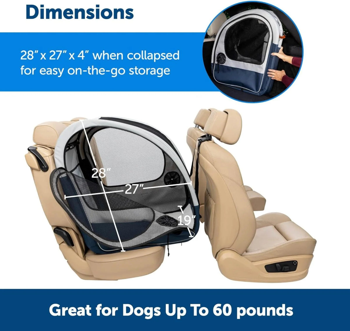 2026 PetSafe Happy Ride Foldable transport box, dog travel box for the car backseat, net doors for ventilation, blue/grey