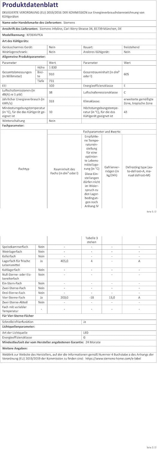 2026 SIEMENS KF96NVPEA iQ300 multi-door refrigerator, 183 x 91 cm, 405 L cooling & 200 L freezing, hyperFresh longer freshnes