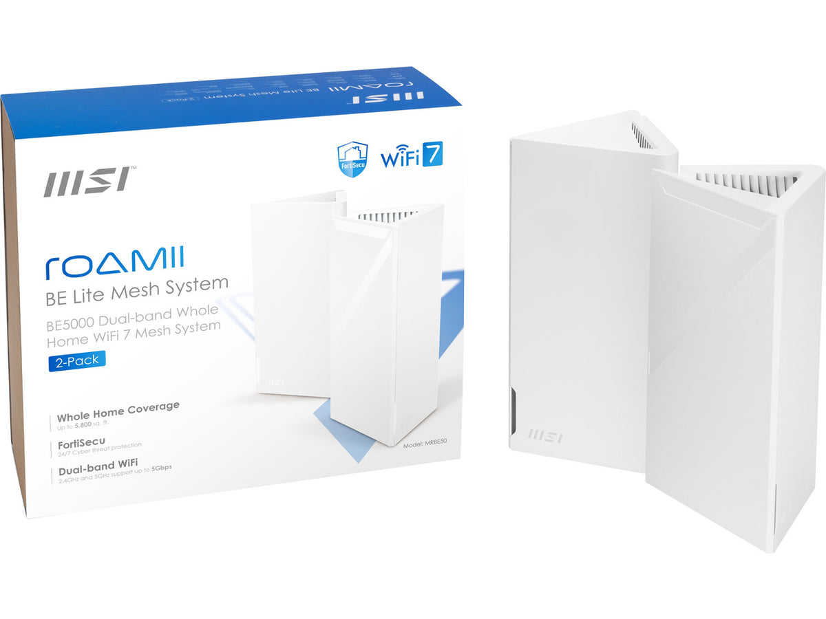 MSI Roamii BE Lite Mesh System - 2 Pack (WiFi 7, BE 5000, Up to 5,800 sq.ft. of Coverage, Supporting 120+ Devices, 2.5Gbps Ethernet Port, MU-MIMO MLO)