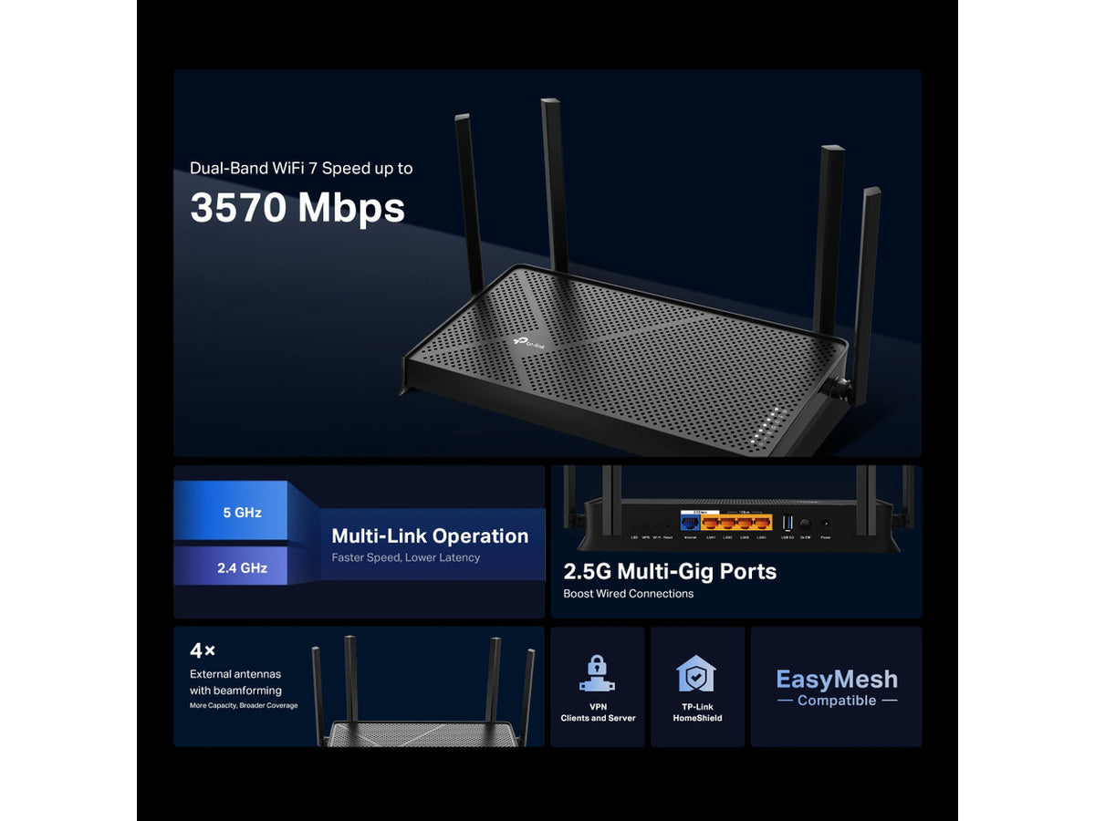 TP-Link Dual-Band BE3600 Wi-Fi 7 Router Archer BE230 | 4-Stream 3.6 Gbps | 2×2.5G + 3×1G Ports, USB 3.0, 2.0 GHz Quad Core, 4 Antennas (Archer BE230)