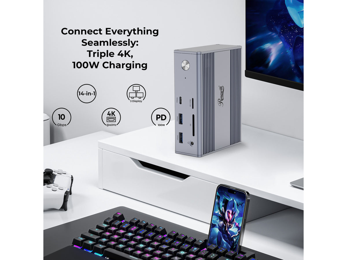 Rosewill 14-in-1 USB C Laptop Docking Station with 100W PD Charging, 4K@60Hz Display, Triple 4K Display,10Gbps Data Transfer & Kensington Lock, Windows, Mac, Android - RHUB-M14