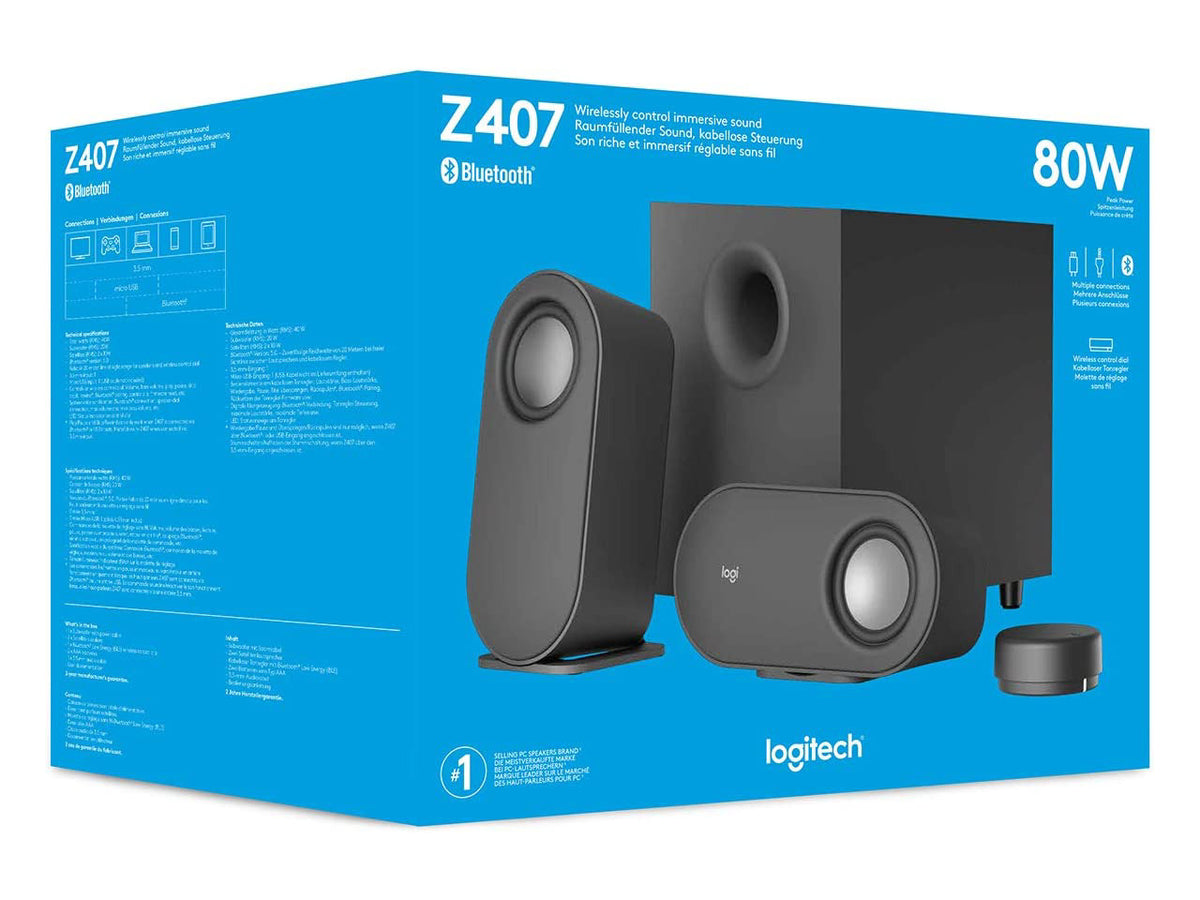 Logitech Z407 Bluetooth Computer Speakers with Subwoofer and Wireless Control, Immersive Sound, Premium Audio with Multiple Inputs, USB Speakers