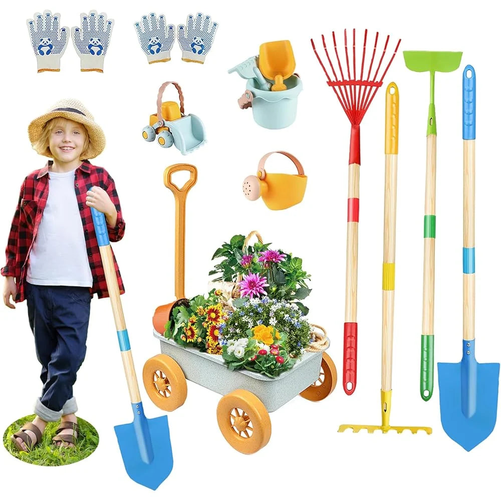 2026 Mostop Gardening Tool Kit for Children - Toy with wheelbarrow, metal shovel, rake, rake, outdoor garden cart, birthday g