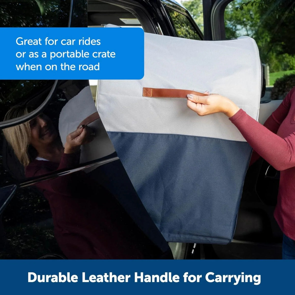 2026 PetSafe Happy Ride Foldable transport box, dog travel box for the car backseat, net doors for ventilation, blue/grey